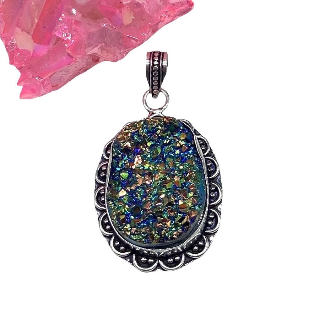 Titanium Druzy Necklace Pendant 925 Sterling Silver Overlay Stone Iridescent
